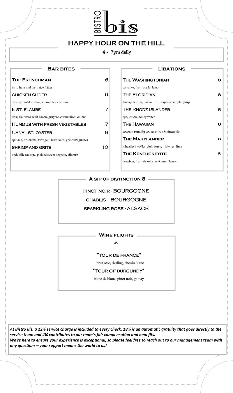 Image of Bistro Bis Happy Hour menu featuring French cuisine