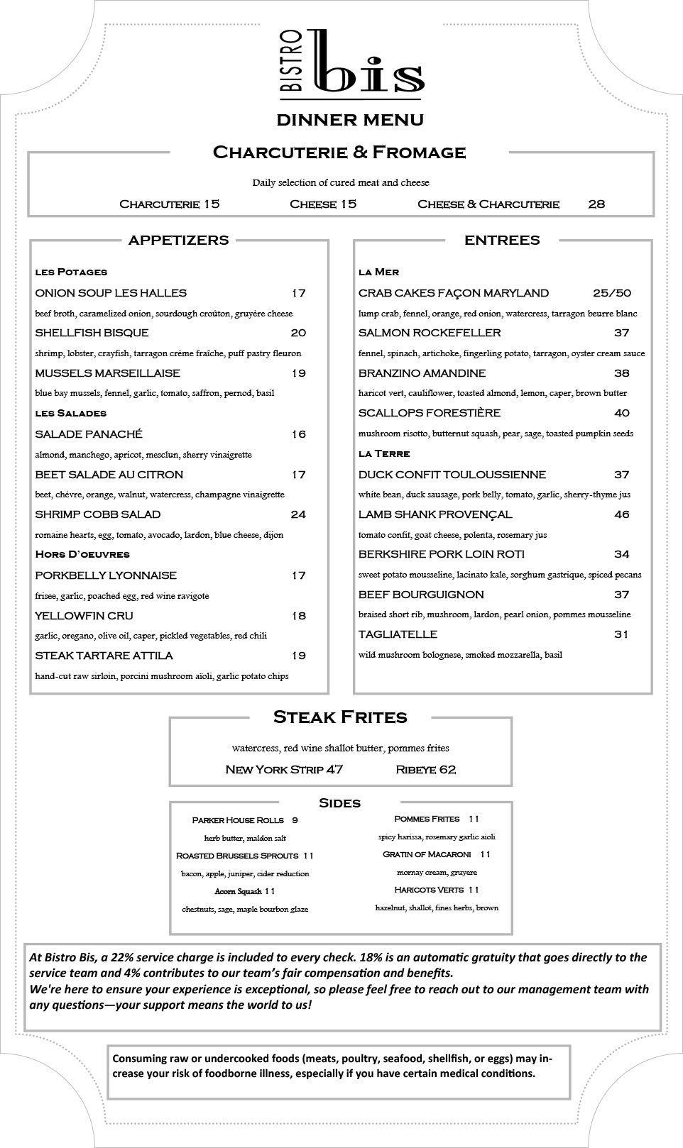 Image of Bistro Bis Dinner menu featuring French cuisine