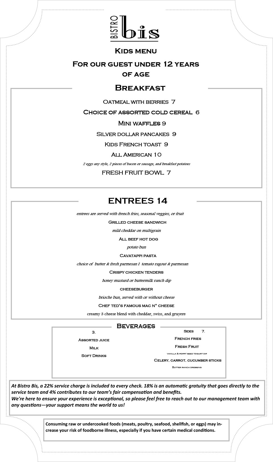Image of Bistro Bis Kids menu featuring French cuisine