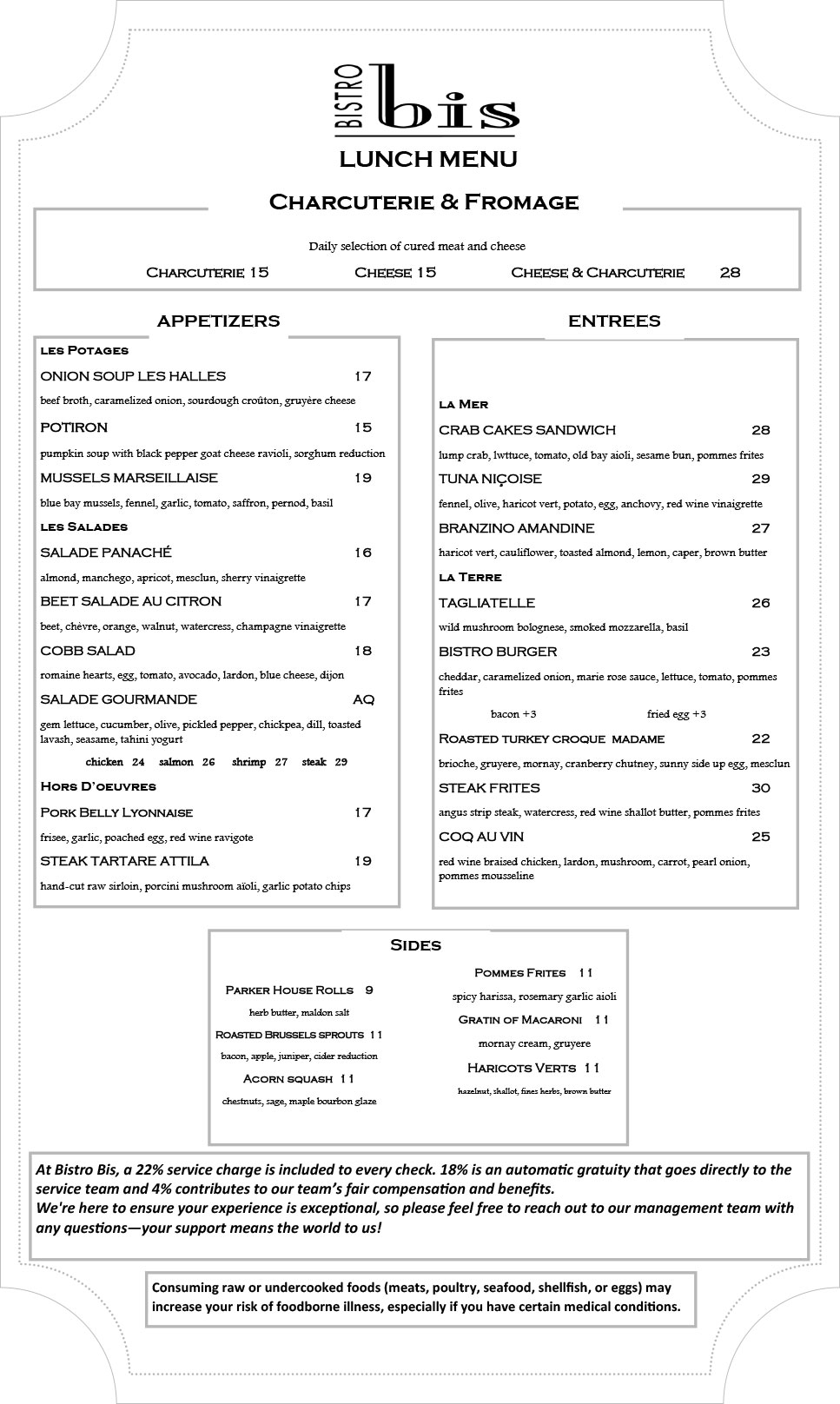 Image of Bistro Bis Lunch menu featuring French cuisine
