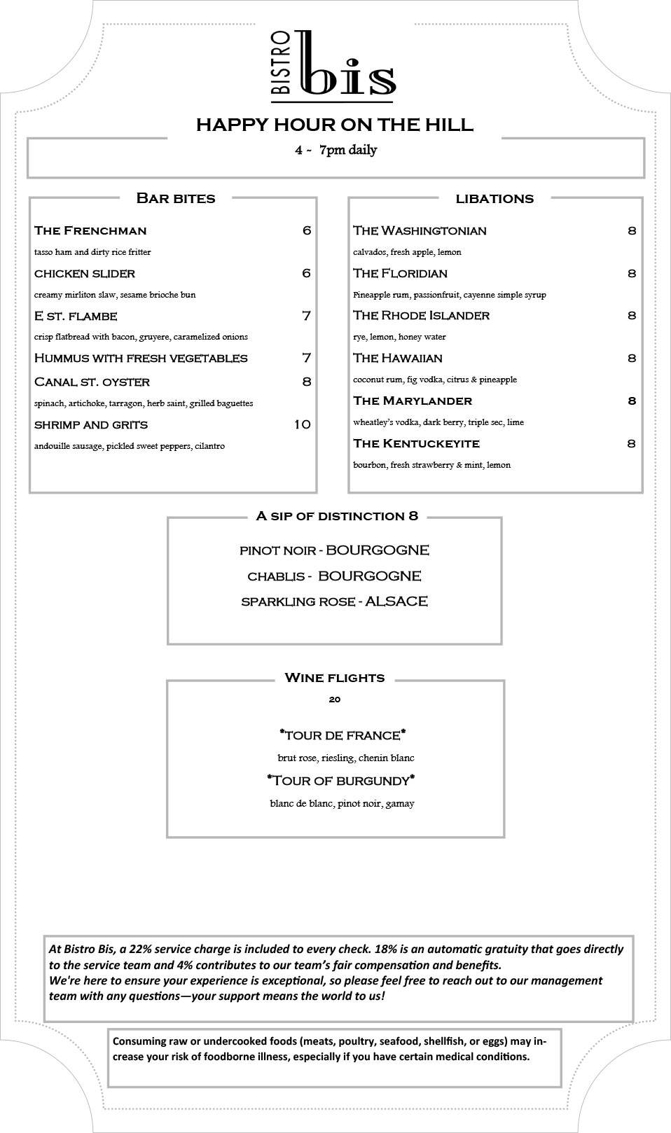 Image of Bistro Bis Happy Hour menu featuring French cuisine