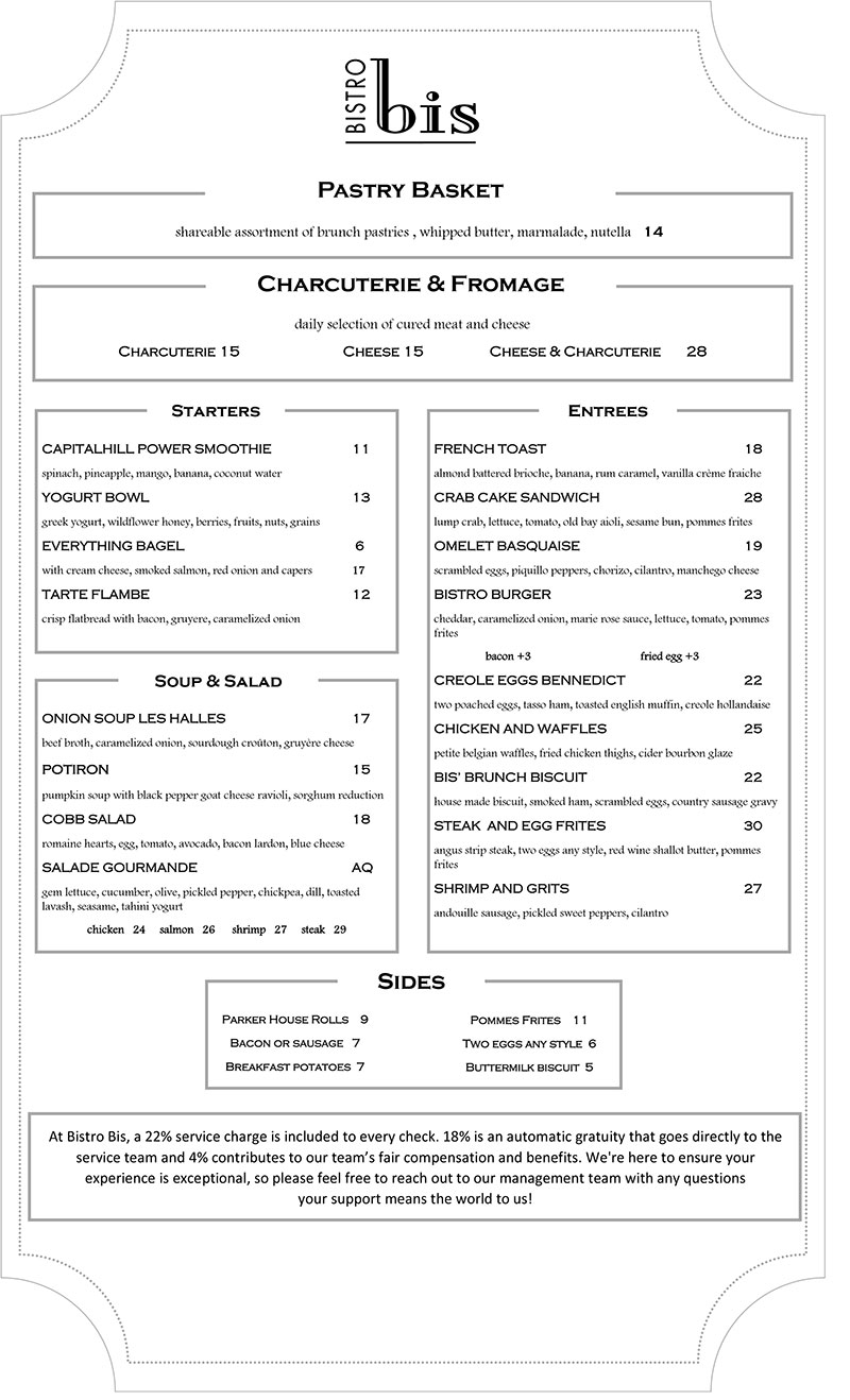 Bistro Bis brunch menu offering a variety of menu items including pastries, charcuterie, smoothies, soups, and brunch entrees ranging from $6 - $30.