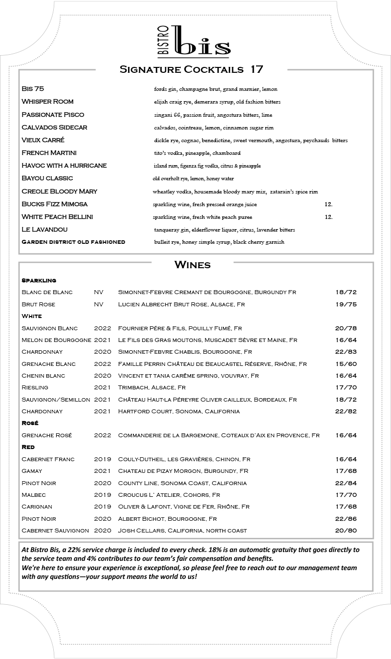 Image of Bistro Bis Brunch menu featuring French cuisine