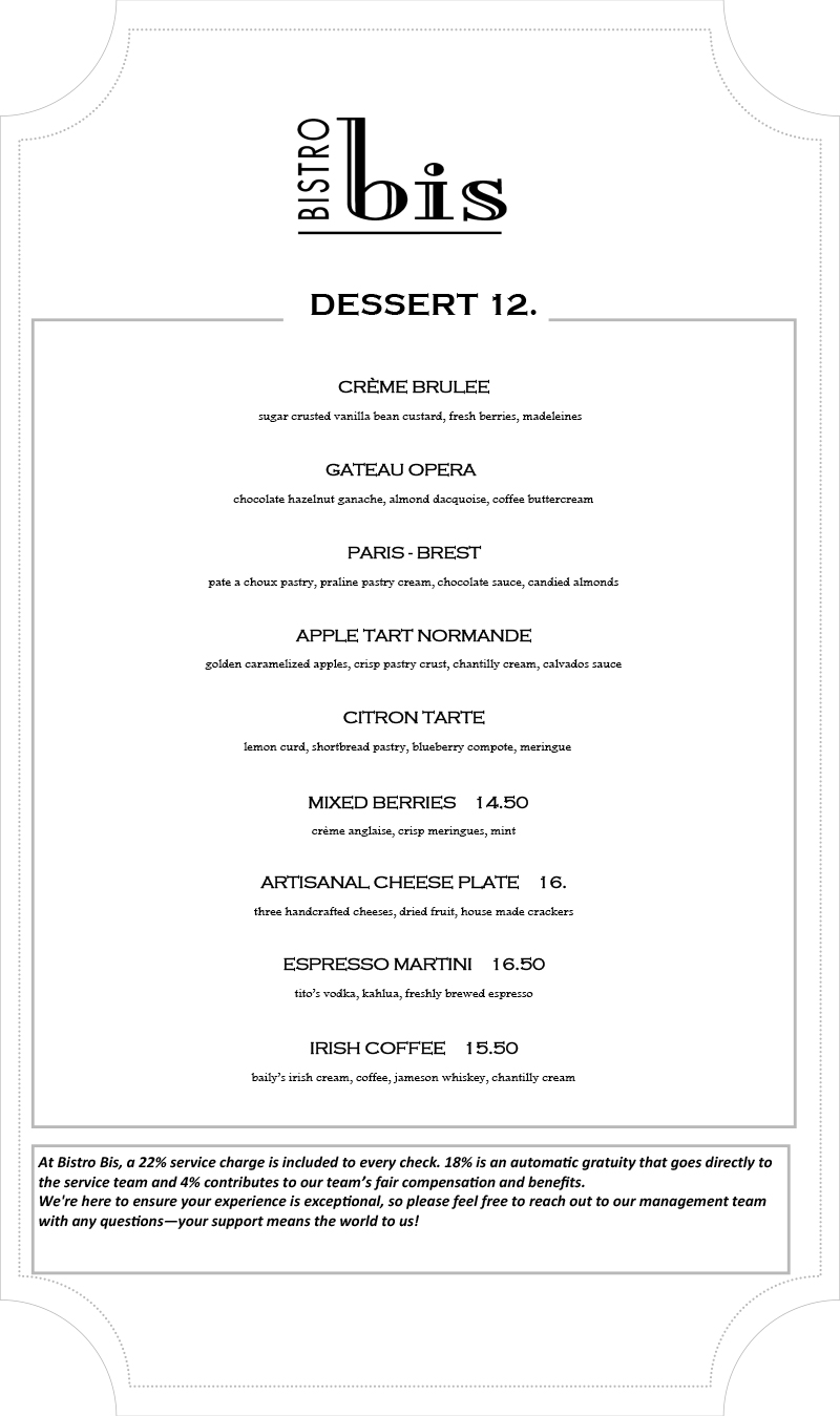 Image of Bistro Bis Dessert menu featuring French cuisine