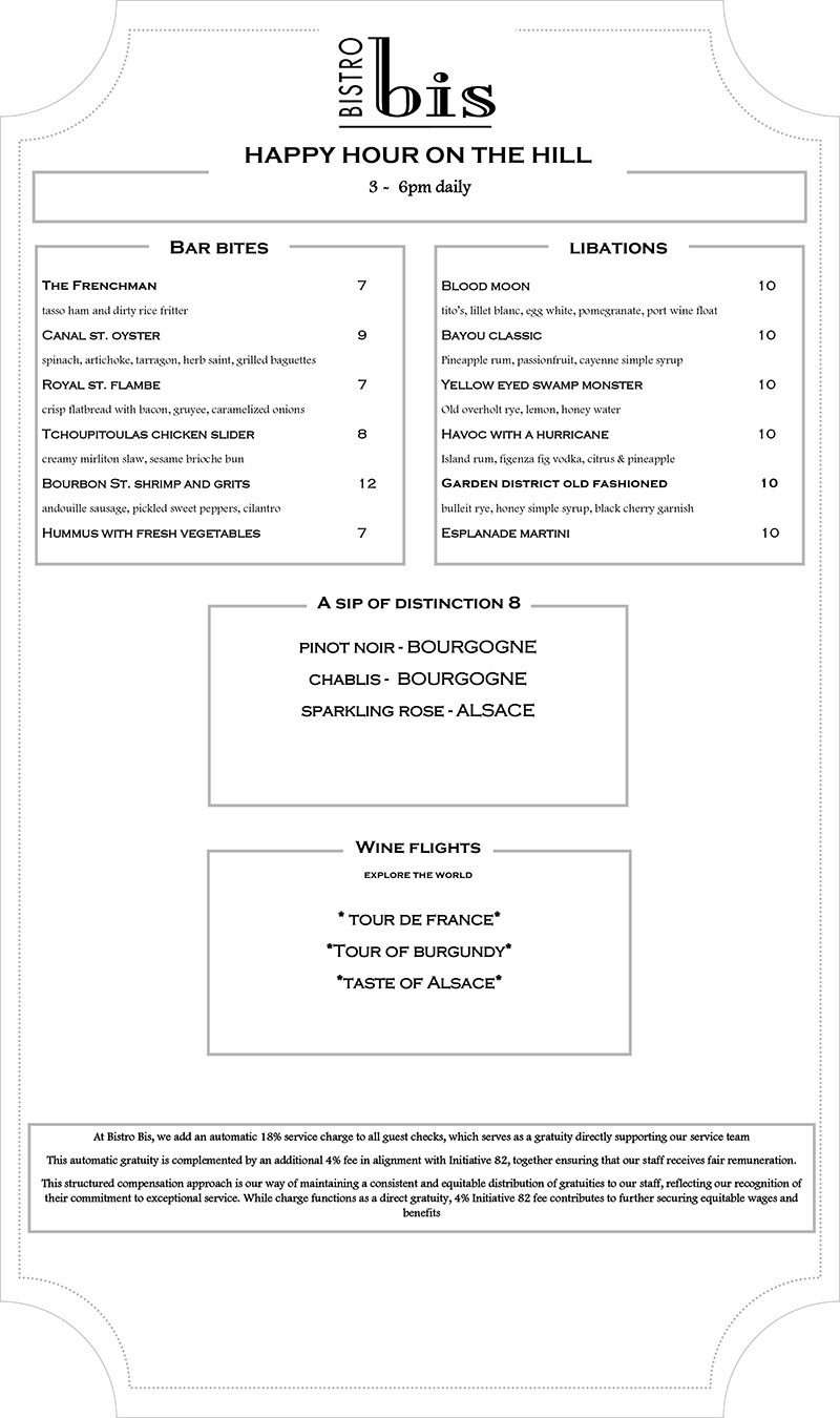 Image of Bistro Bis Happy Hour menu featuring French cuisine page 1