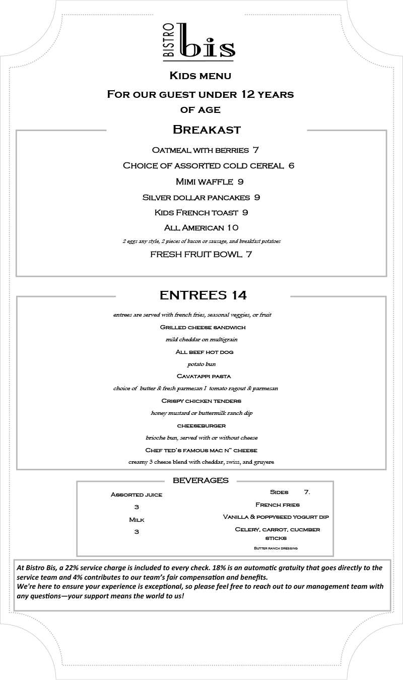 Image of Bistro Bis Kids menu featuring French cuisine