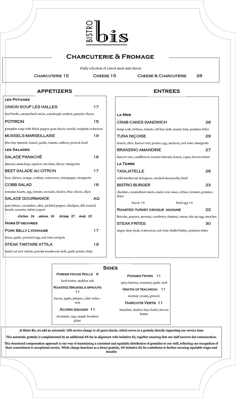 Image of Bistro Bis Lunch menu featuring French cuisine